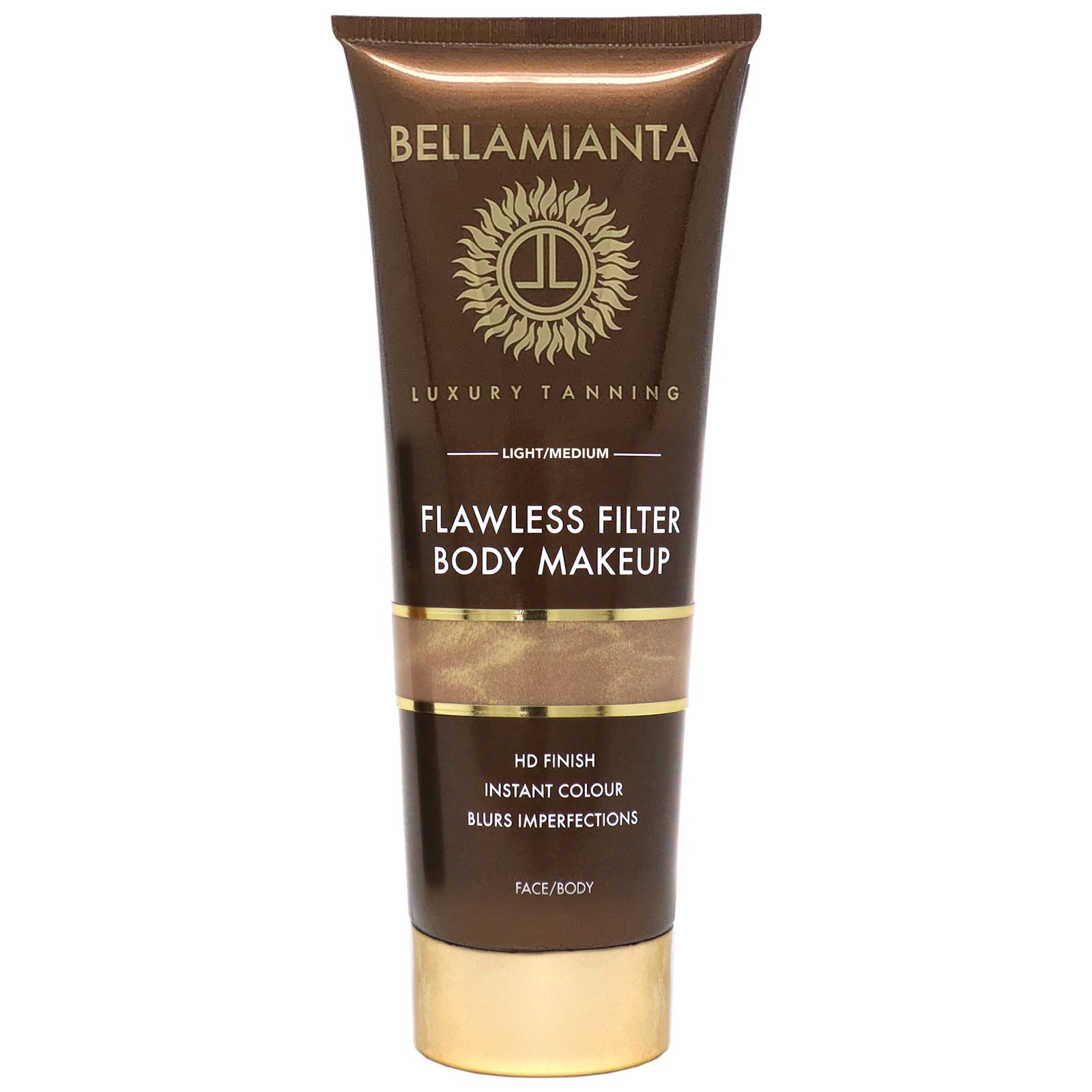 Bellamianta Flawless Filter Body Makeup in a bronze tube, featuring a sun emblem, labeled "Light Medium," with gold accents and text highlighting its HD finish and imperfection-blurring properties.