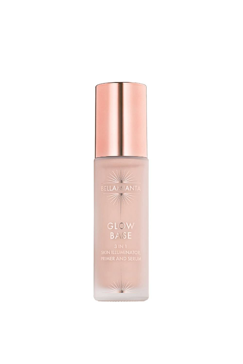 Debenhams Women's Glow Base 30ml in Golden Glow features a sleek glass bottle with a rose gold cap, labeled as a 3-in-1 skin illuminator, primer, and serum.