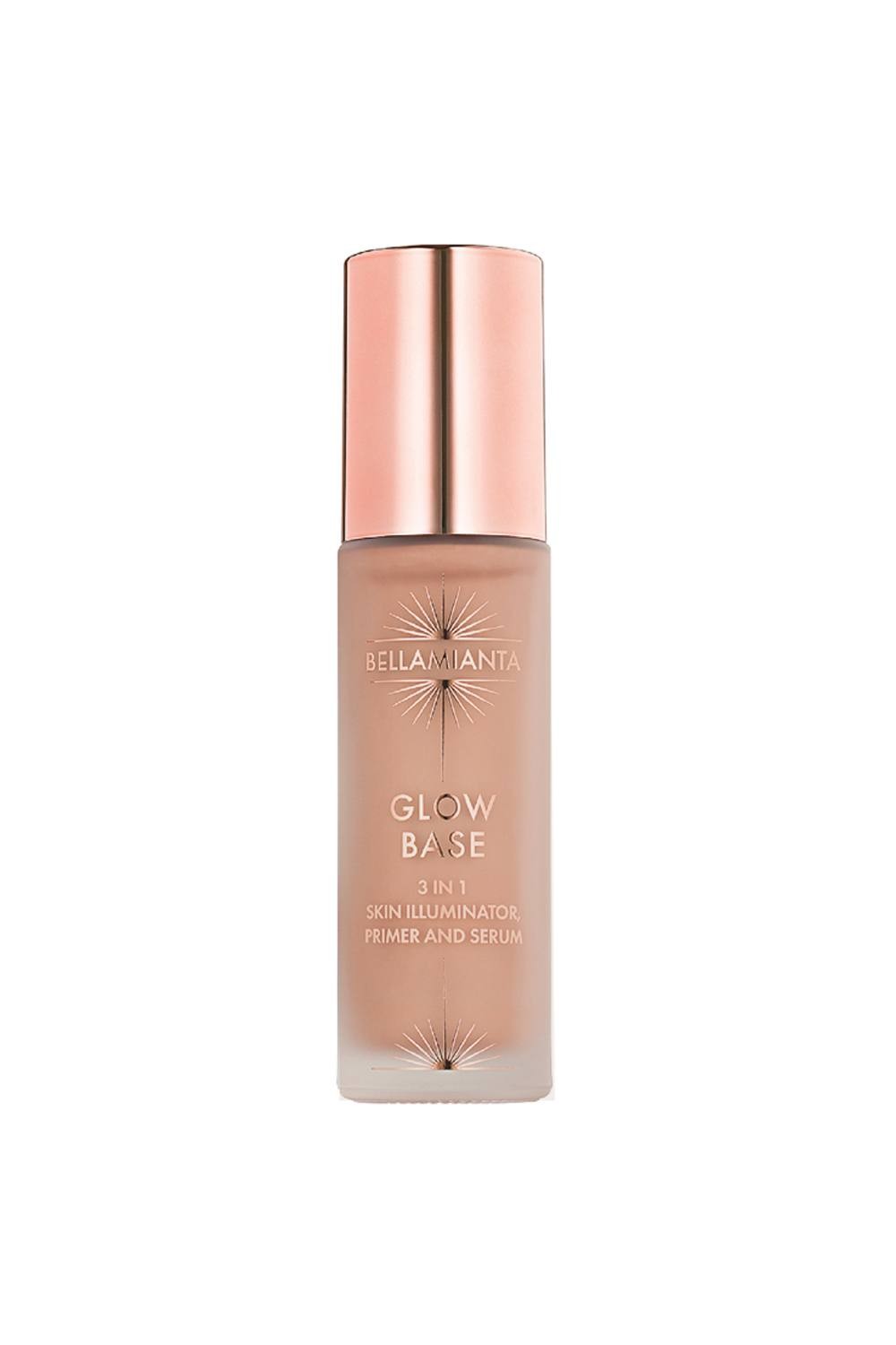 Debenhams Glow Base 30ml in Honey Glow features a frosted glass bottle with a rose gold pump and cap, labeled as a 3-in-1 skin illuminator, primer, and serum.