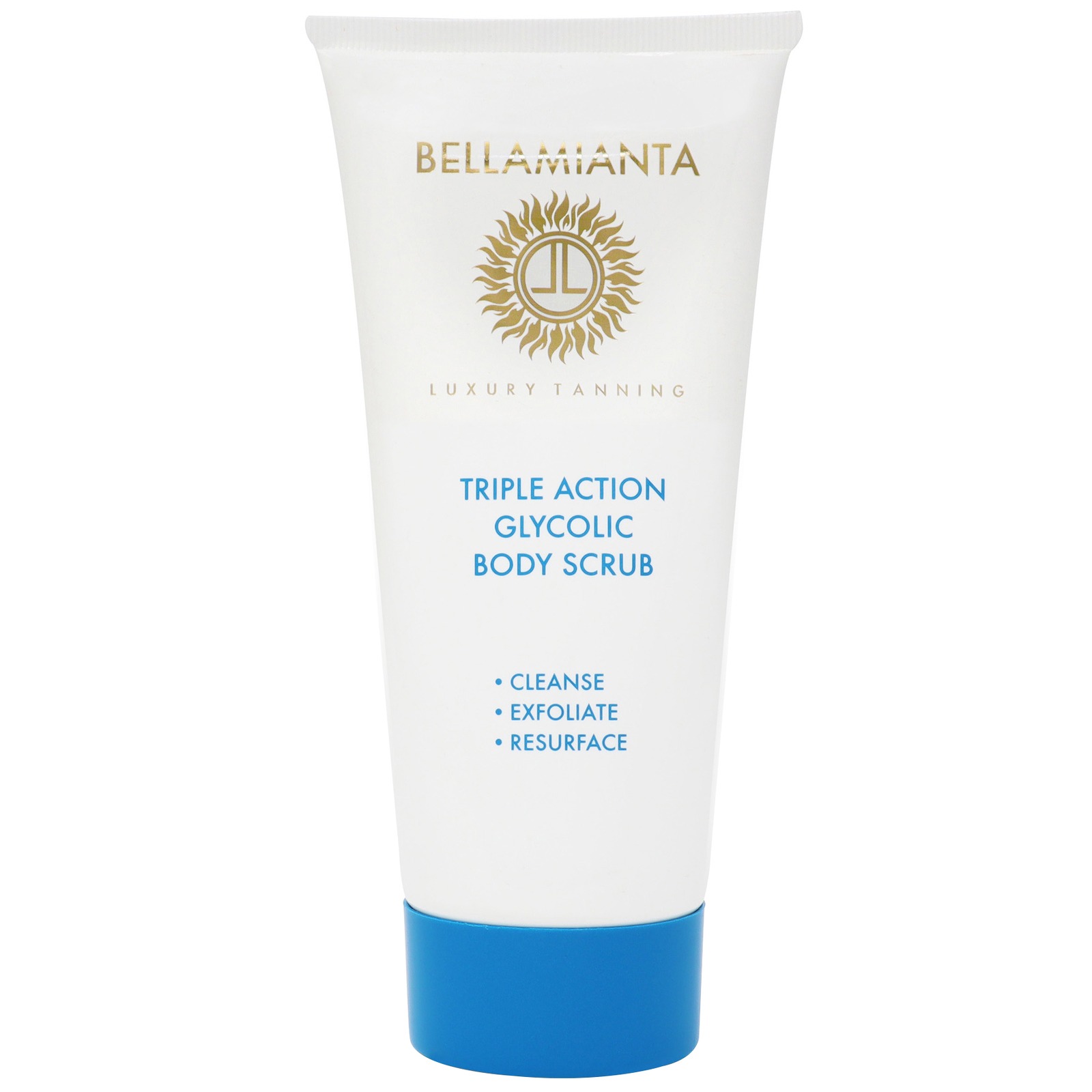 White tube featuring a gold logo and blue cap, labeled "Bellamianta Triple Action Glycolic Body Scrub 200ml," highlighting its cleansing, exfoliating, and resurfacing properties.