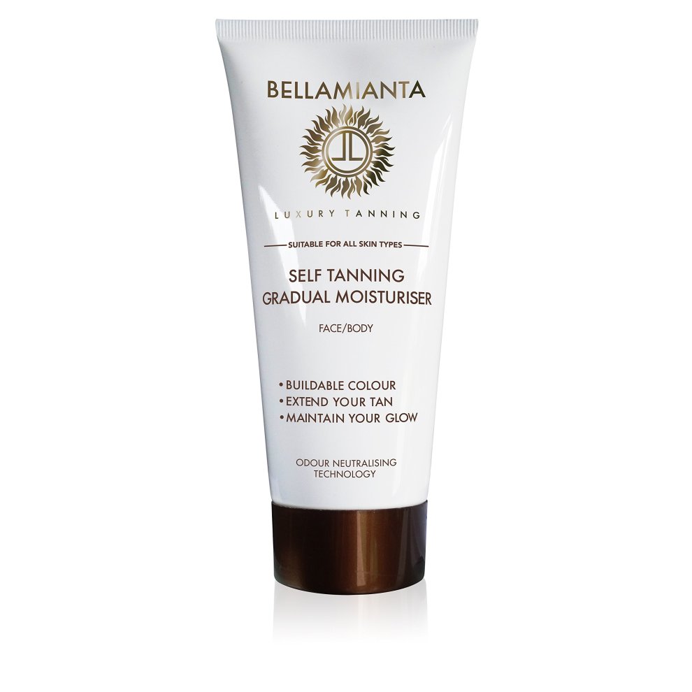 White tube with a gold and brown label, featuring "Bellamianta" and "Self Tanning Gradual Moisturiser" text, designed for face and body, 200ml size.
