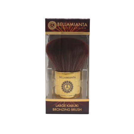 Large Kabuki bronzing brush with a wide, fluffy brown bristle head, housed in a gold and brown box featuring the Bellamianta logo and product name prominently displayed.