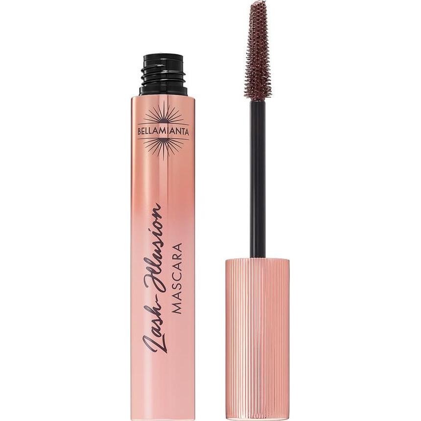 Bellamianta Lash Illusion Mascara in brown, featuring a sleek pink tube with ribbed detailing and a black wand with a bristle brush for application.