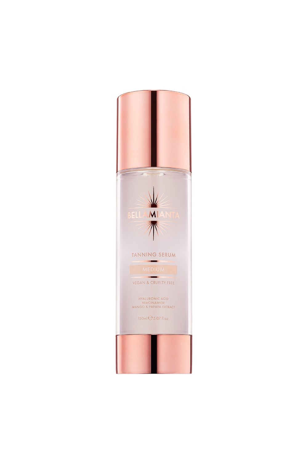 Debenhams Luxury Tanning Serum by Bellamianta in a sleek, clear bottle with a rose gold cap, labeled "Medium," featuring a starburst design and 150ml capacity.