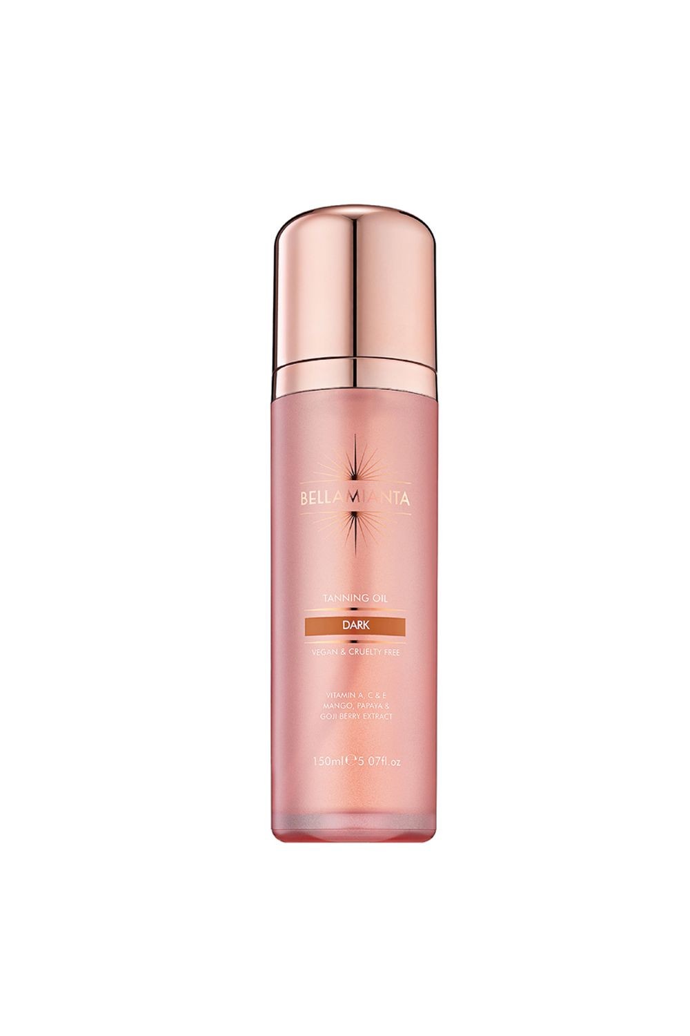 Debenhams unisex tanning oil in dark, 150ml, features a sleek, transparent bottle with a rose gold cap, showcasing a light pink liquid inside.