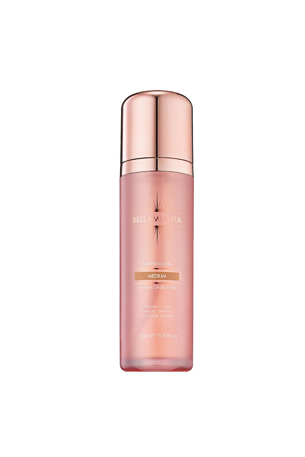 Debenhams Tanning Oil by Bellamianta, 150ml, in a sleek pink bottle with a rose gold cap, labeled "Medium" and featuring a starburst design.
