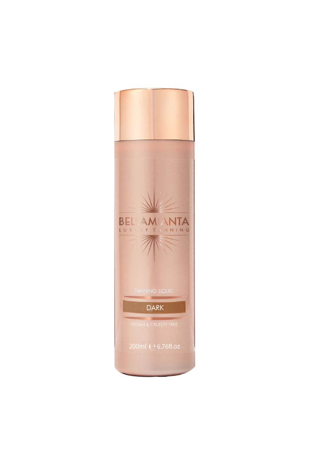 Debenhams Liquid Gold Tan by Bellamianta in a clear bottle, featuring a rose gold cap, labeled "DARK," and contains 200ml of tanning liquid.