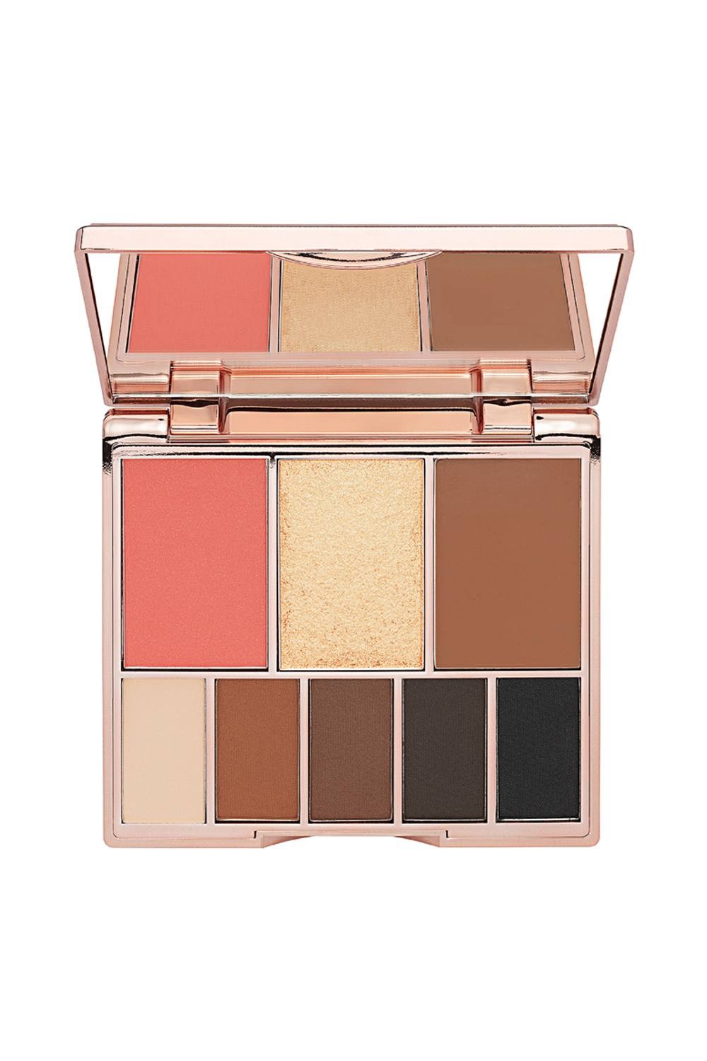 Debenhams All in 1 Face Palette by Bellamianta features a sleek rose gold compact with eight shades, including blush, highlighter, bronzer, and eyeshadows in neutral tones.