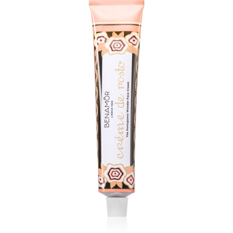 A pastel pink and white tube of Benamôr Créme De Rosto face cream, featuring decorative floral patterns and elegant typography, with a 90 ml capacity.