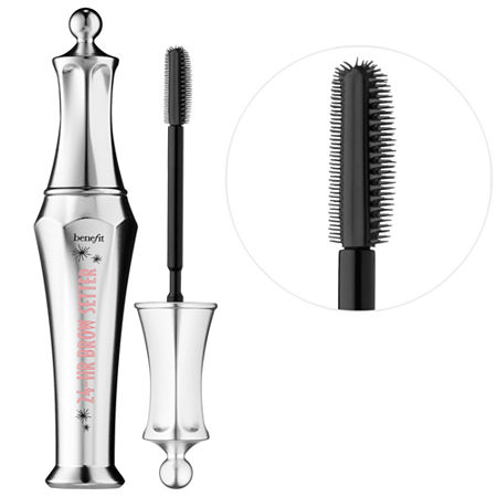 Clear eyebrow gel in a sleek silver tube with a decorative cap, featuring a spooled applicator for precise application and a lamination effect.
