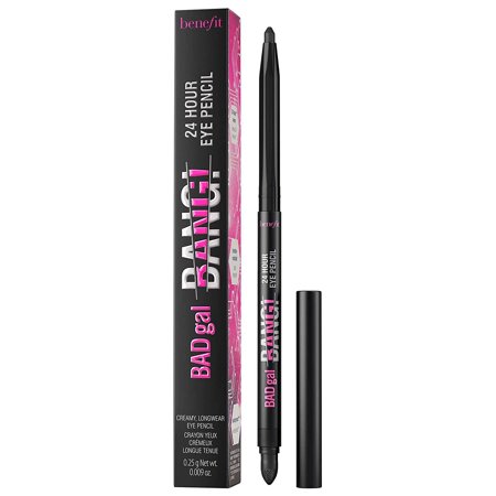 Black eye pencil with a creamy texture, featuring a sleek design and a cap, accompanied by a vibrant pink and black packaging labeled "Badgal Bang" by Benefit.