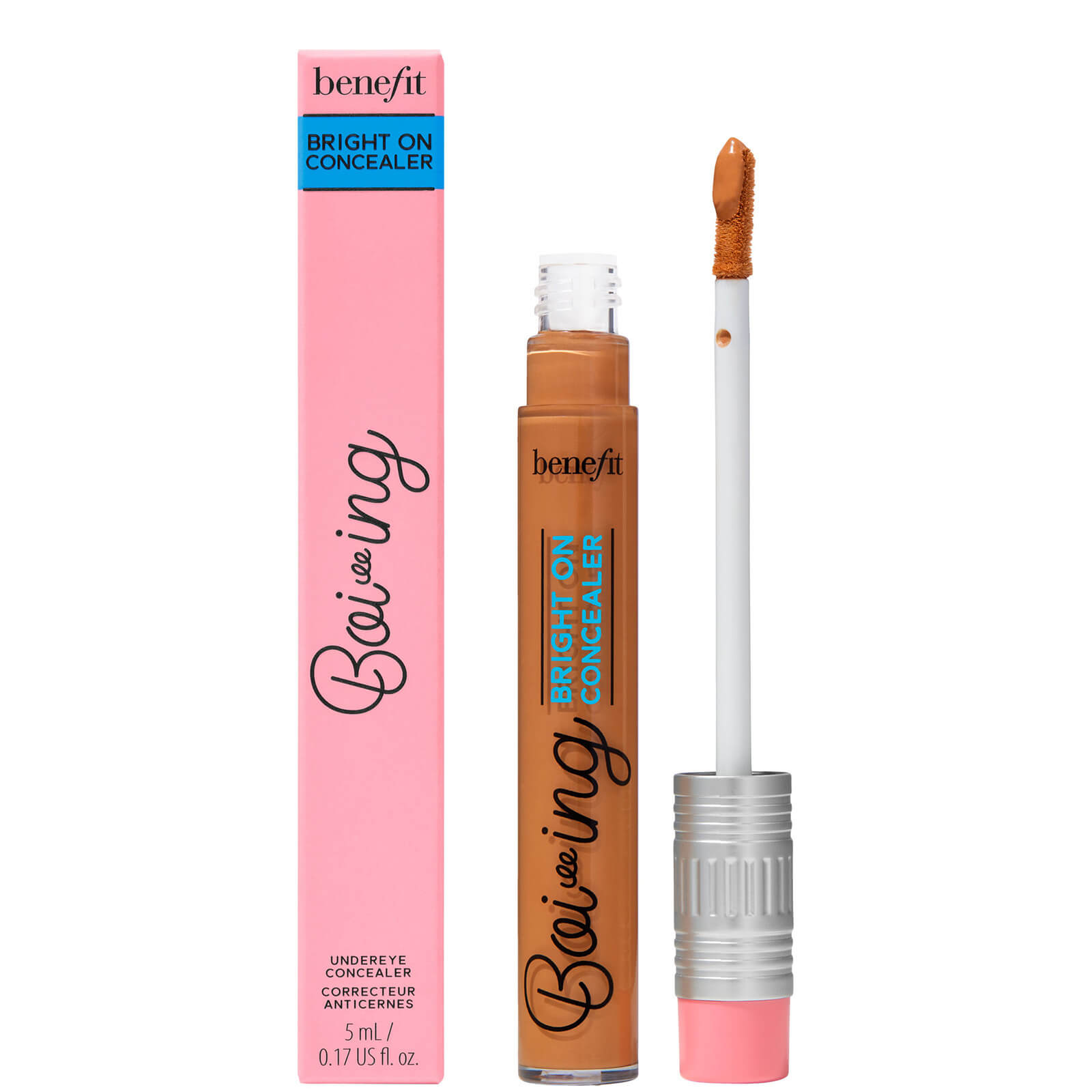 Benefit Cosmetics Boi-Ing Bright on Concealer in Hazelnut, featuring a sleek tube with a peach-pink label and a doe-foot applicator, offers a deeper tan-peach shade.