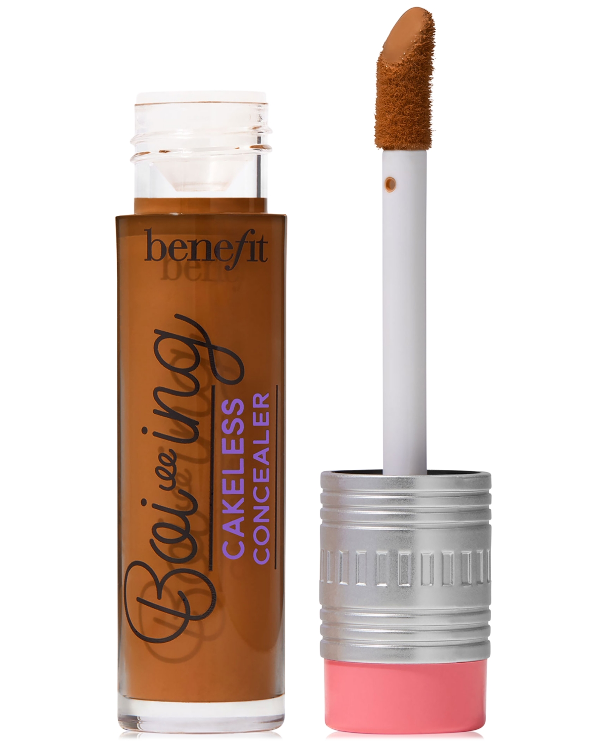 Benefit Cosmetics Boi-ing Cakeless Full Coverage Waterproof Liquid Concealer in a clear tube with a brown shade, featuring a doe-foot applicator and a silver and pink cap.