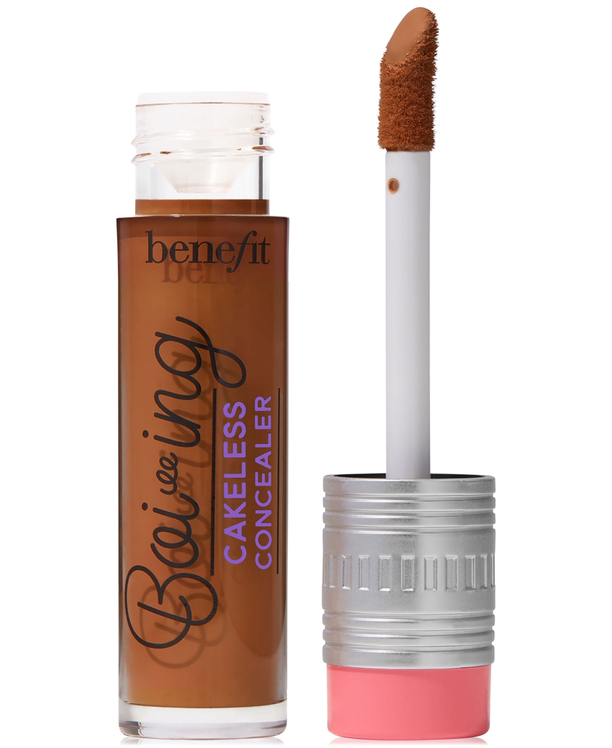 Boi-ing Cakeless Concealer in "Work It" (Dark Cool) features a clear tube with a silver cap, a pink base, and a doe-foot applicator, showcasing a rich brown concealer shade.
