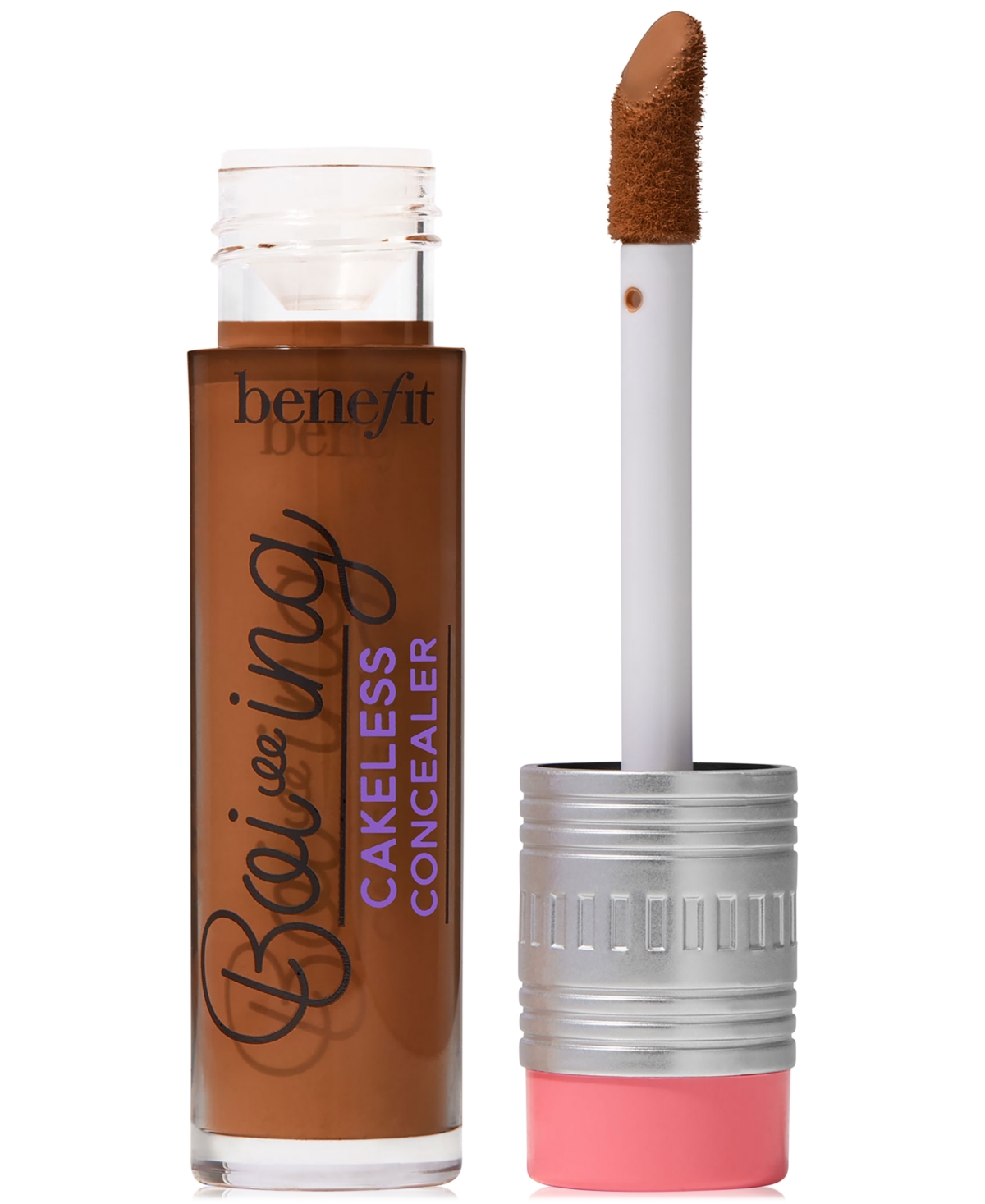 Boi-ing Cakeless Full Coverage Waterproof Liquid Concealer in shade 16 You Rule, featuring a clear tube with a silver and pink cap, and a doe-foot applicator.