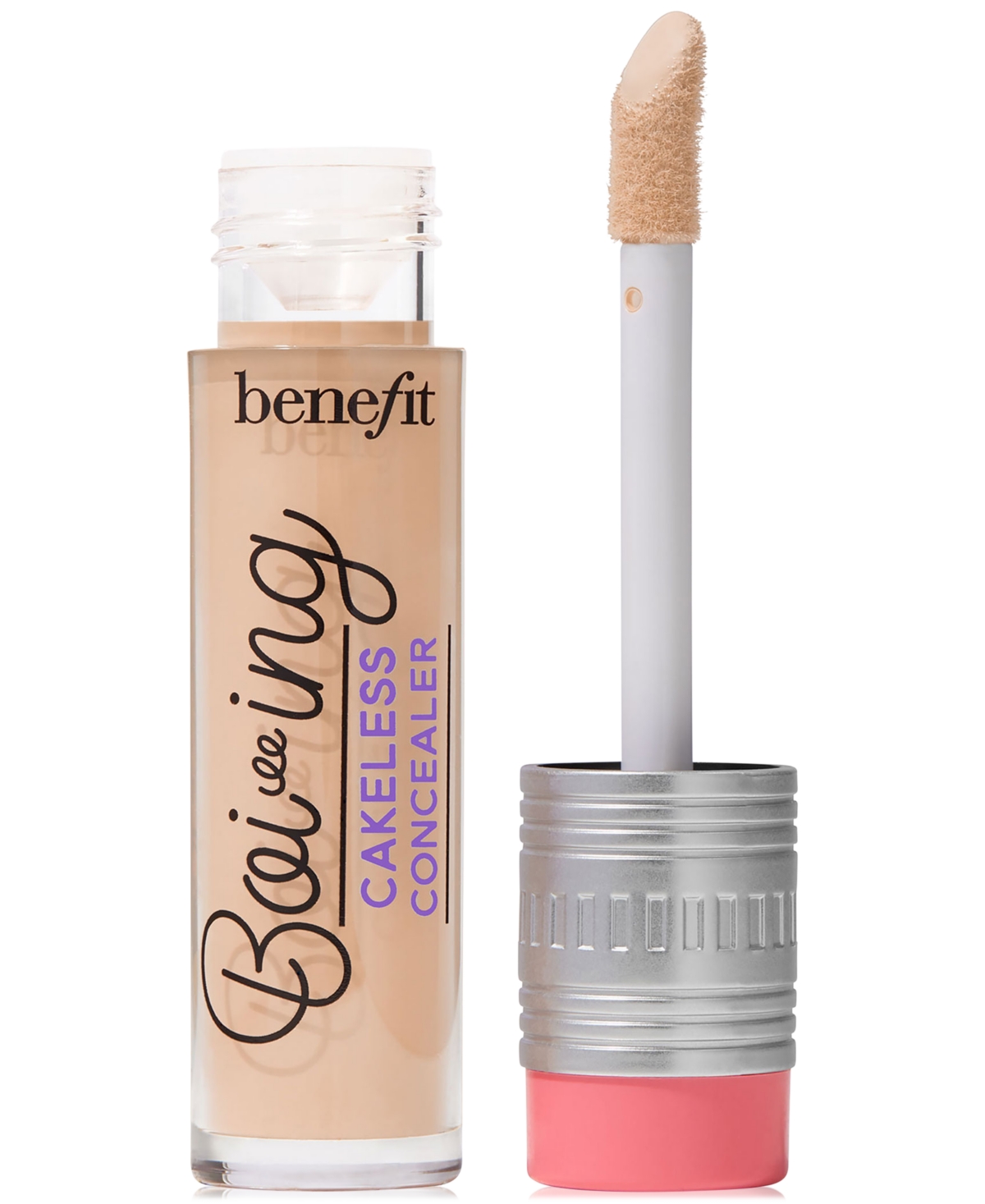 Benefit Cosmetics Boi-ing Cakeless Full Coverage Waterproof Liquid Concealer in Shade 4.25, featuring a clear tube with a silver cap and a soft applicator wand.