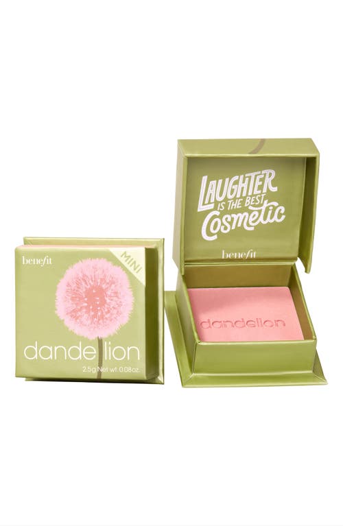 Mini blush compact in a light green box featuring a dandelion graphic, containing soft baby-pink powder, with the text "Laughter is the Best Cosmetic" on the lid.