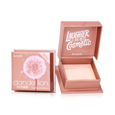 Pink cardboard packaging with a dandelion graphic, featuring the text "Laughter is the Best Cosmetic" on the inside, containing a light peach highlighter powder.
