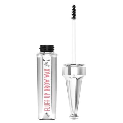 Clear tube of Benefit Cosmetics Fluff Up Brow Flexible Brow-Texturizing Wax with a black cap and a brush applicator, featuring pink text on the front.