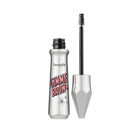 Silver tube with a faceted cap, labeled "GIMME BROW+" in bold pink letters, accompanied by a small black brush applicator for tinted volumizing eyebrow gel.