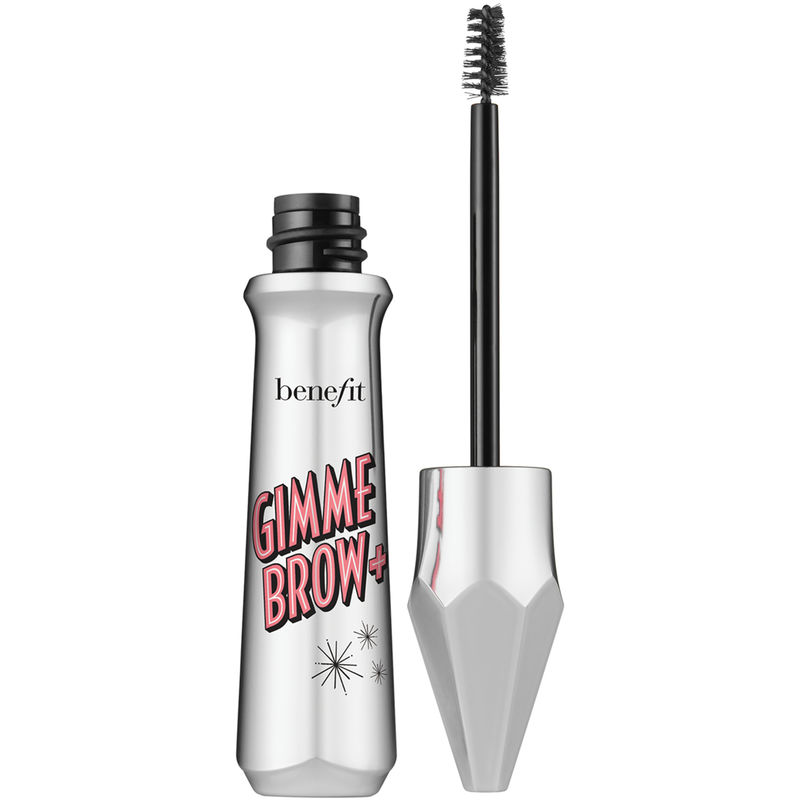 Benefit Gimme Brow+ tinted volumizing eyebrow gel in grey, featuring a sleek silver tube with a black brush applicator, designed for enhancing and defining eyebrows.
