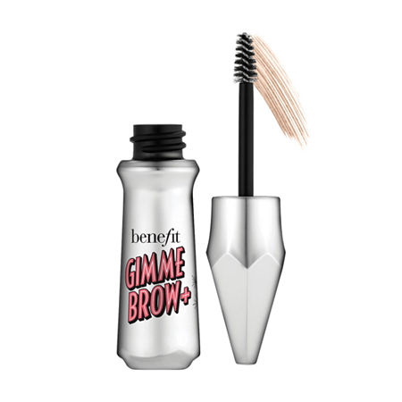 Mini Gimme Brow+ eyebrow gel in a sleek silver tube with a black applicator wand and a tapered brush, designed for tinted volumizing effects.