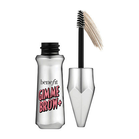 Mini Gimme Brow+ eyebrow gel in a silver tube with a black wand and brush applicator, featuring bold red and black lettering on the front.