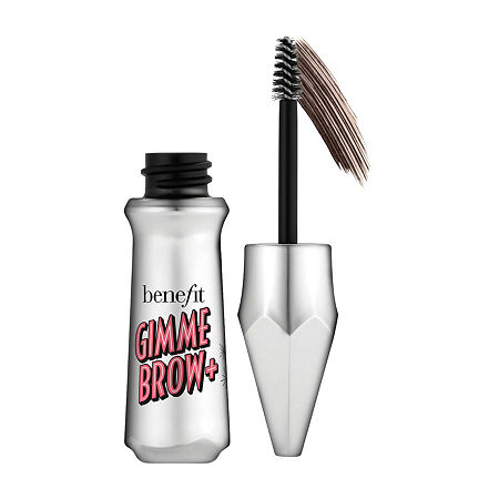 Mini Gimme Brow+ tinted volumizing eyebrow gel in a sleek silver tube with a heart-shaped cap, featuring a small brush applicator for precise application.