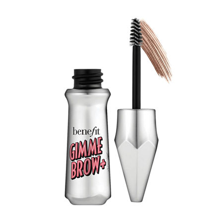 Mini Gimme Brow+ tinted volumizing eyebrow gel in a sleek silver tube with a black wand and brush, featuring bold pink lettering on the front.