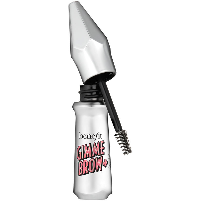 Mini Gimme Brow+ eyebrow gel in a sleek silver tube with a pointed cap, featuring a small brush applicator for precise application.