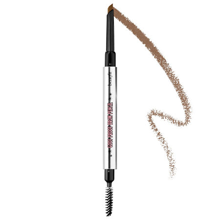 Benefit Cosmetics Goof Proof Waterproof Eyebrow Pencil in a sleek silver casing with a dark brown pencil tip and a spoolie brush on the opposite end, showcasing a swatch of the product.