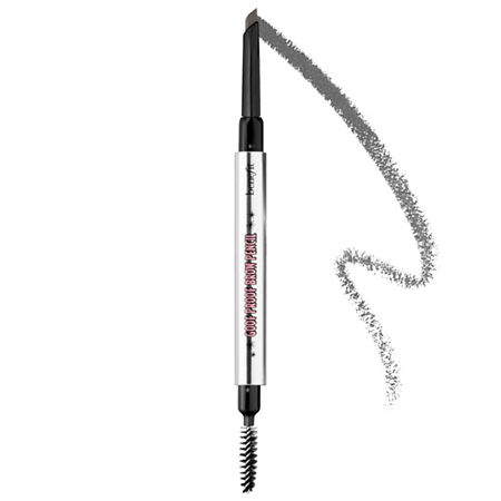Grey eyebrow pencil with a waterproof formula, featuring a slanted tip for easy shaping, a spoolie brush on one end, and a sleek silver barrel with bold branding.