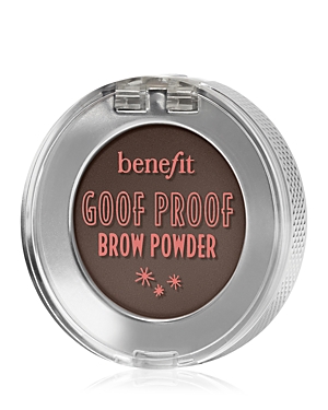 Goof Proof Waterproof Brow-Filling Powder in Shade 4, housed in a clear, round compact with a silver lid and pink lettering, features a rich, dark brown powder.