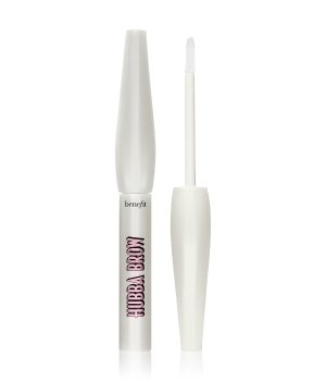 Clear brow growth serum in a sleek white tube with a pointed cap, featuring bold pink lettering that reads "HUBBA BROW" and a brush applicator for easy use.