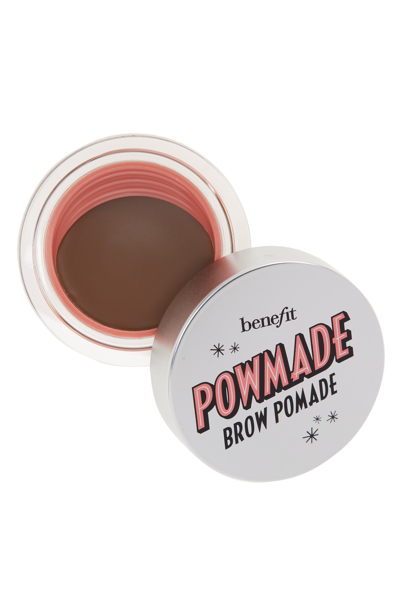 Benefit Powmade Full Pigment Eyebrow Pomade in Warm Golden Blonde, featuring a sleek silver container with bold lettering and a creamy, rich brown product inside.