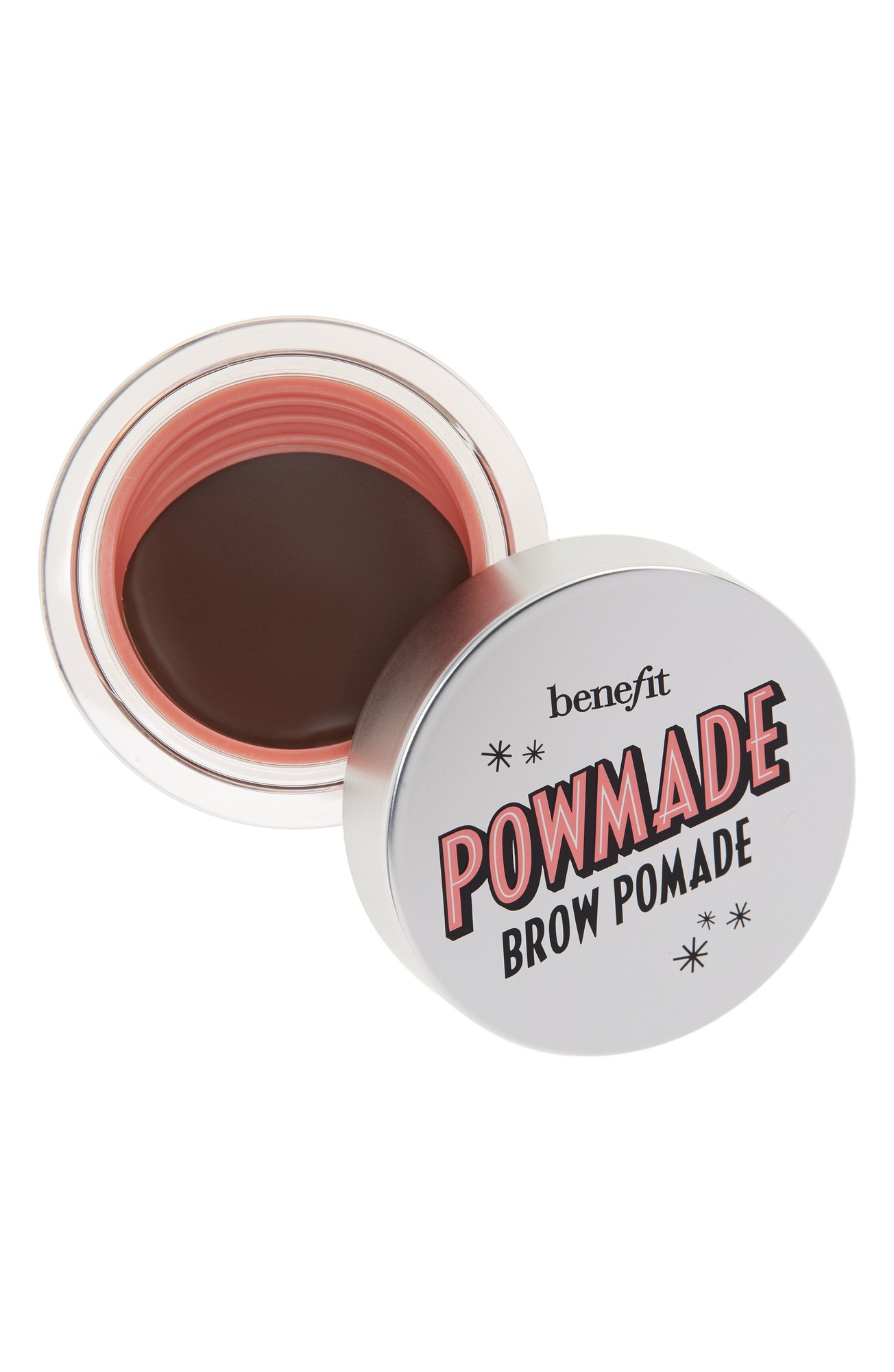 Warm medium brown waterproof brow pomade in a clear pot with a silver lid, featuring bold pink and black lettering that reads "POWmade Brow Pomade."