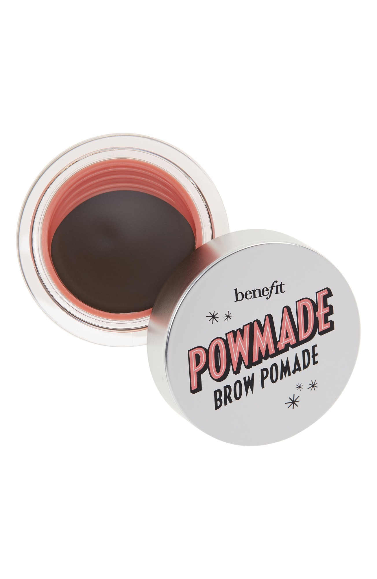 Benefit Powmade Full Pigment Eyebrow Pomade in Warm Deep Brown, 5g container with a silver lid featuring bold "POWMADE" text, showcasing rich, creamy pomade inside.