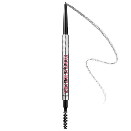 Waterproof eyebrow pencil in grey with a fine tip for precise application, featuring a textured silver barrel and a built-in spoolie brush for blending.