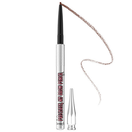 Waterproof eyebrow pencil in shade 3, featuring a fine tip for precise application, a silver metallic barrel, and a removable cap, with a swatch of brown pencil stroke beside it.