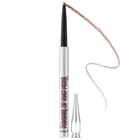 Mini waterproof eyebrow pencil in shade 3.5, featuring a fine tip for precise application, a sleek silver barrel, and a removable cap, with a swatch of brown pencil stroke beside it.