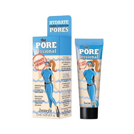 Light blue packaging with a cartoon woman in a blue outfit, featuring "the POREfessional: Hydrate Primer Mini" text, includes a small tube of hydrating primer inside.