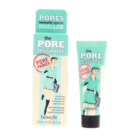 Mini tube of Benefit Cosmetics POREfessional Face Primer in mint green packaging, featuring a vintage illustration of a woman in a teal dress, designed to minimize the appearance of pores.