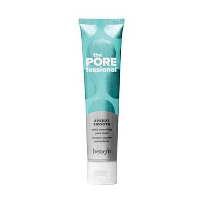 Clear tube of Benefit the Porefessional Speedy Smooth Mask, featuring a turquoise and gray design with bold text, designed for quick pore smoothing.