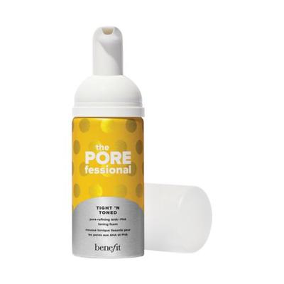 White bottle with a yellow polka dot design, featuring a pump dispenser, labeled "the POREfessional Tight 'n Toned Pore-Refining AHA+PHA Toner" in bold text.