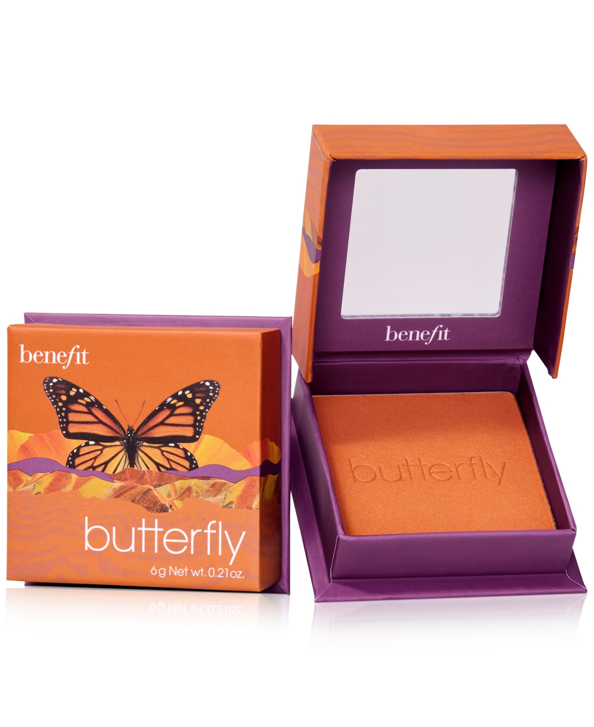 Golden orange powder blusher in a purple compact featuring a butterfly design on the lid, with a mirror inside and a soft, velvety texture.