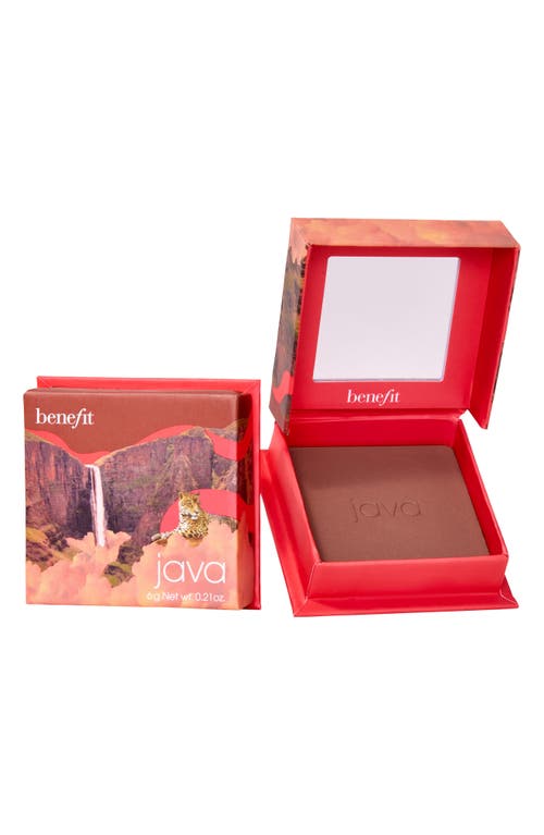 Brown powder blusher in a red compact with a scenic waterfall design, featuring a mirror inside and embossed "java" on the powder surface.