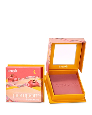 Purple powder blusher in a vibrant orange compact with a mirror, featuring a pomegranate design on the box and embossed "pompom" on the blush surface.