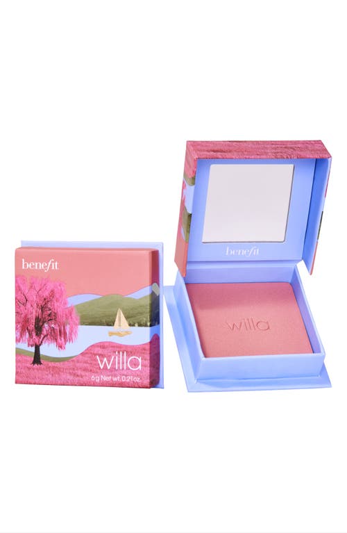 Soft neutral-rose powder blusher in a square compact with a pastel pink and blue design, featuring a scenic illustration on the outer box and a mirror inside.