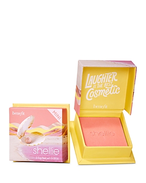 Silky-soft powder blush in a peachy-pink shade, housed in a colorful shell-themed compact with a yellow interior, featuring the name "Shellie" on the blush.