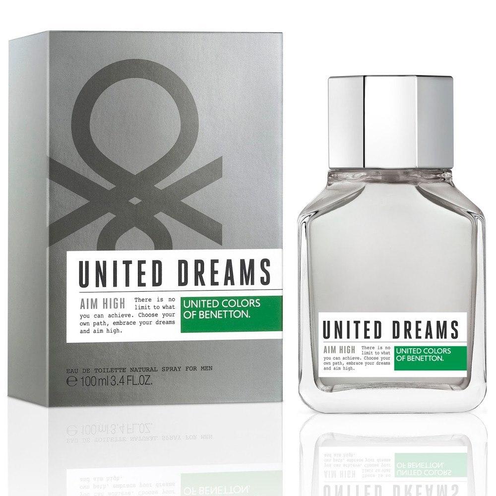 Clear glass bottle with a square shape and a silver cap, featuring a green accent; packaged in a sleek box with a minimalist design and the text "United Dreams Aim High."